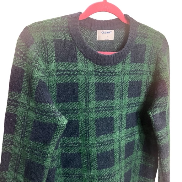 OLD NAVY Green Plaid Wool Blend Sweater Ribbed Pullover Chunky Warm Long Sleeves - Picture 2 of 6